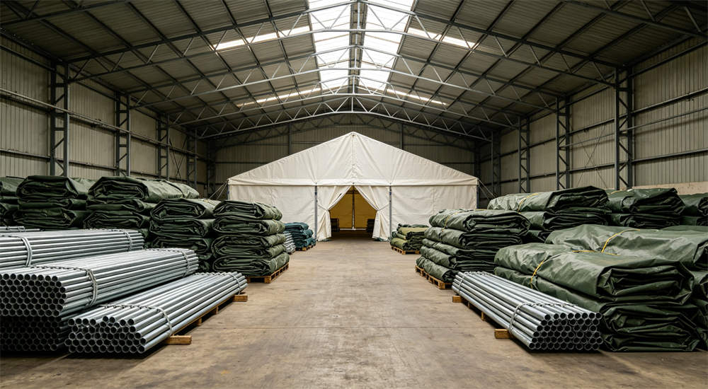 Worker cleaning and drying tent canvas after field use, maintenance and care procedures to extend relief tent product lifespan and durability