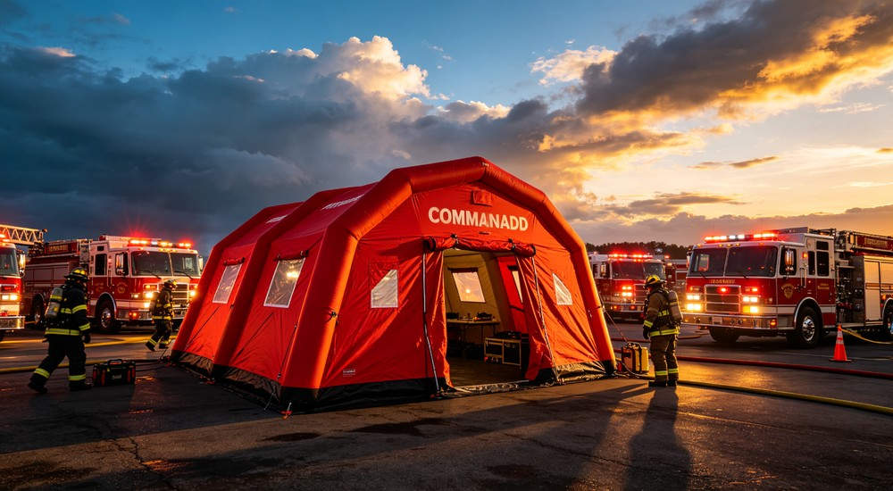 Dramatic wide angle hero shot of bright red fire rescue inflatable command tent fully deployed at emergency scene, multiple fire trucks with flashing lights, firefighters in action, blue sky with golden hour clouds, professional cinematic B2B product photography
