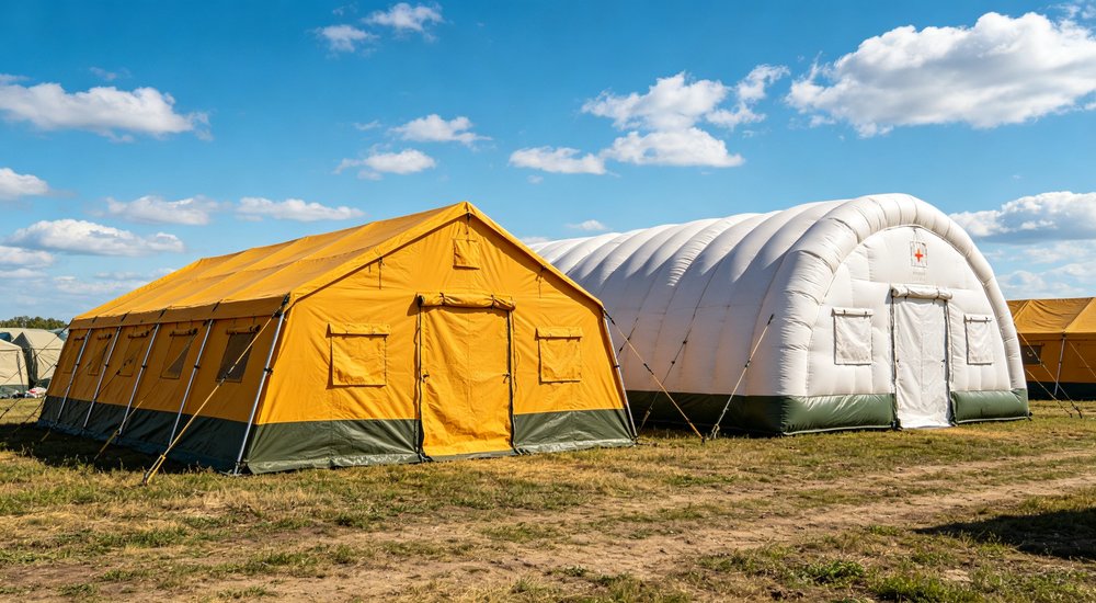 Field deployed emergency shelter showing robust frame construction waterproof material and practical design features meeting international standards for disaster response and refugee accommodation
