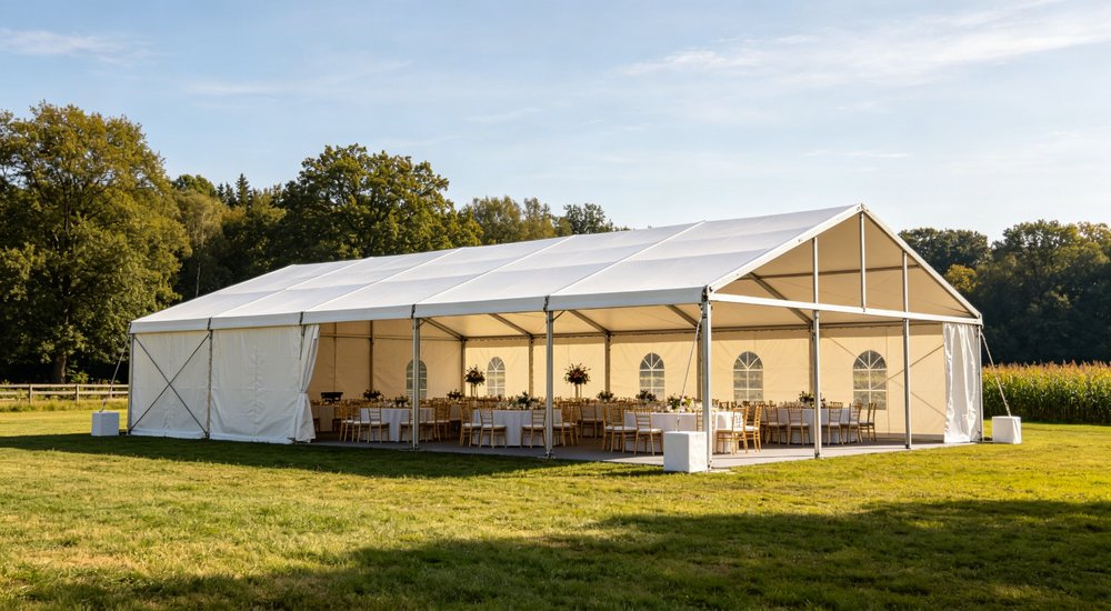 Professional emergency relief tent photographed in field deployment showing sturdy construction waterproof fabric and steel frame design suitable for disaster response and humanitarian aid operations