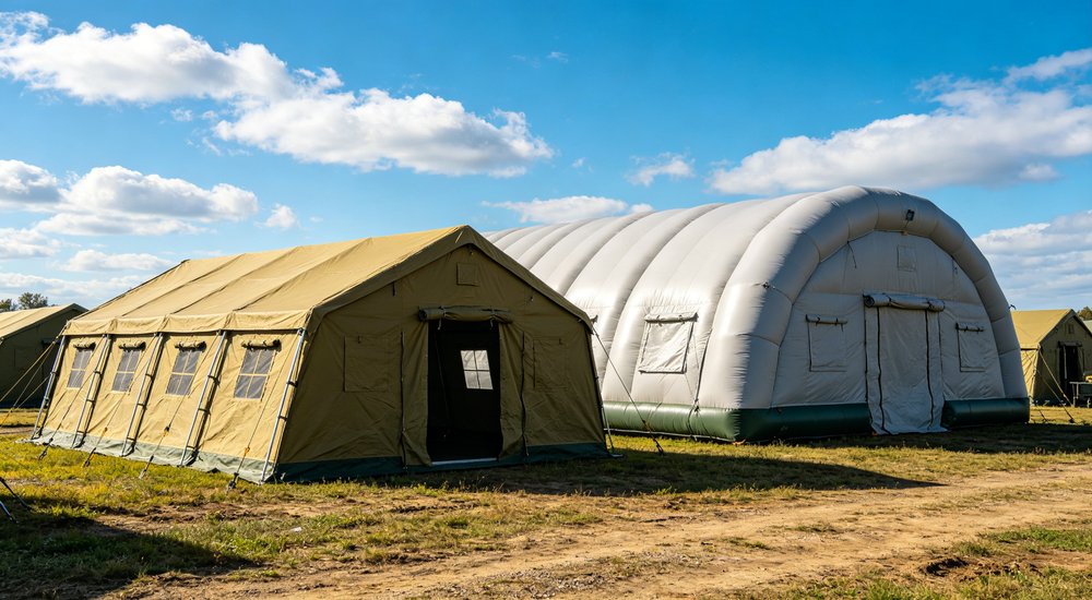 Emergency response tent captured during active deployment showing professional grade construction wind resistant frame and waterproof covering designed for long term use in challenging field conditions
