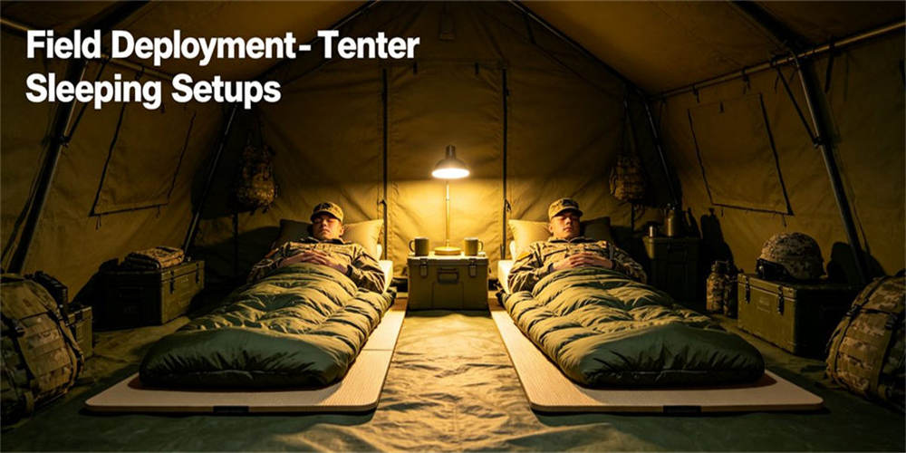 Military field deployment tent sleeping setup, practical field camp bedding arrangement for outdoor military mission rest
