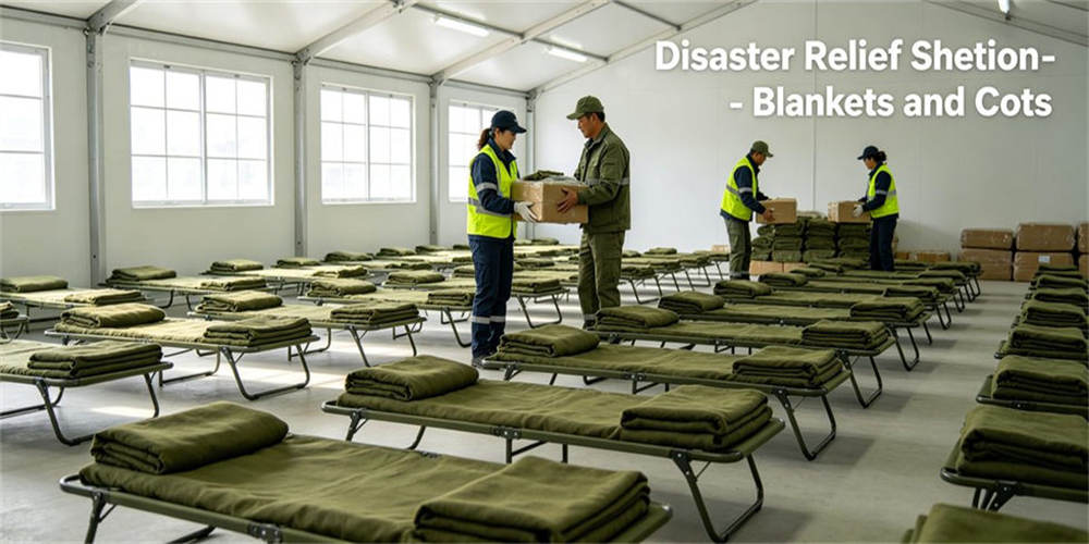 Disaster relief shelter blankets and portable cots, complete emergency accommodation equipment set for disaster rescue scenarios