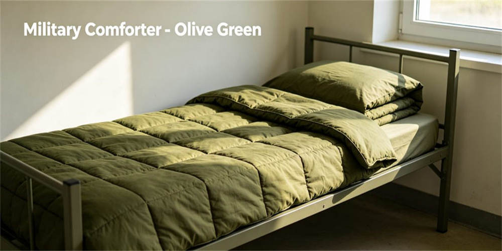 Olive green thick military comforter on cot, warm military bed quilt display for daily military dorm rest use Olive green thick military comforter on cot, warm military bed quilt display for daily military dorm rest use