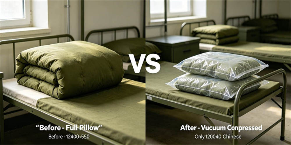 Military pillow before after vacuum compression, obvious volume reduction packing demo for long term warehouse storage