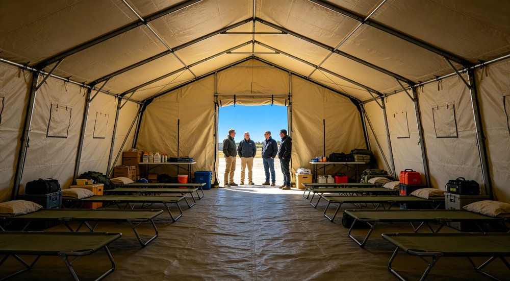 Emergency relief tent deployed in an active earthquake disaster zone providing immediate shelter for affected families with response teams working in the surrounding area