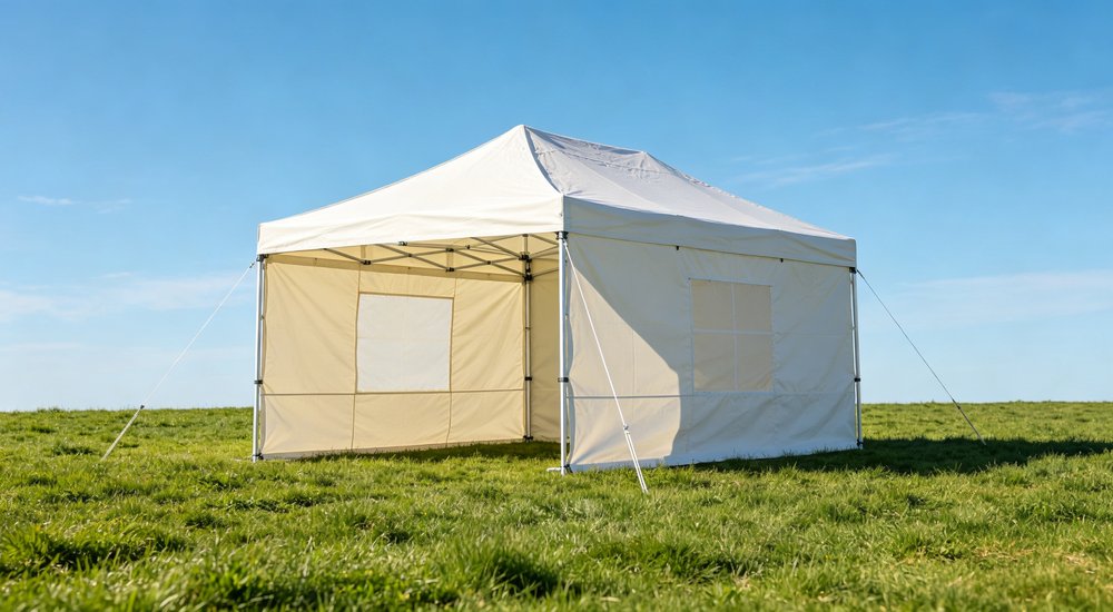 Closeup exterior detail showing reinforced corner seams heavy duty waterproof fabric texture and weatherproof construction of professional emergency relief shelter