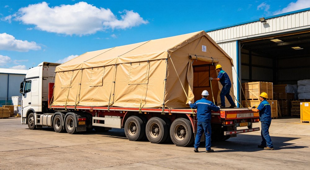 Field deployed emergency shelter showing robust frame construction waterproof material and practical design features meeting international standards for disaster response and refugee accommodation