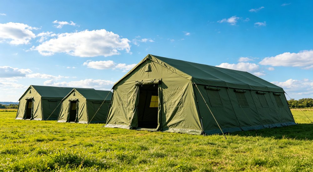 Humanitarian relief tent photographed at aid distribution camp providing reliable shelter with strong steel framework quality stitching and weather resistant fabric for disaster affected communities