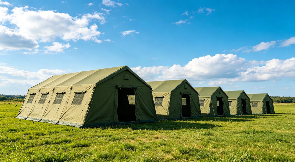 Emergency response tent captured during active deployment showing professional grade construction wind resistant frame and waterproof covering designed for long term use in challenging field conditions