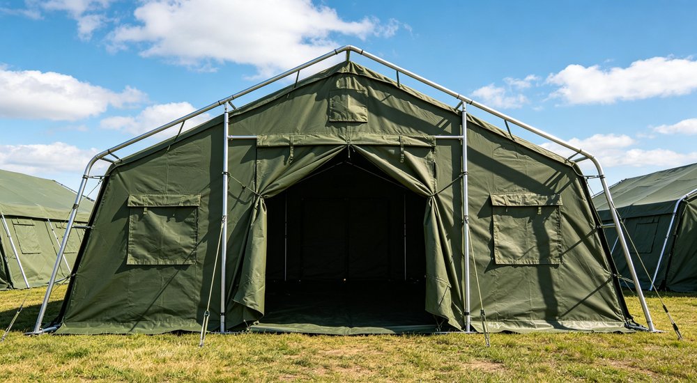 Front entrance view of a heavy duty emergency relief tent displaying the reinforced door frame sturdy zipper entrance and professional military grade construction quality
