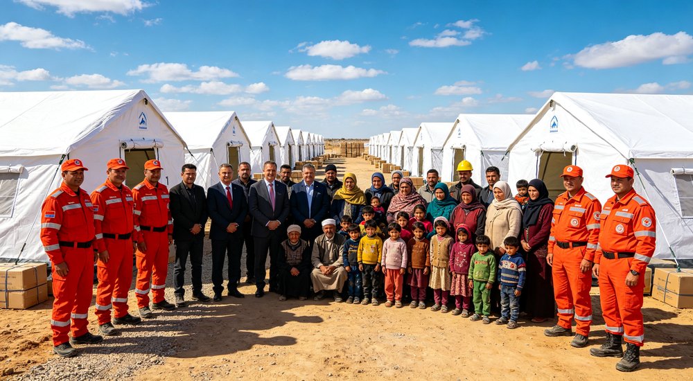 Field deployed emergency shelter showing robust frame construction waterproof material and practical design features meeting international standards for disaster response and refugee accommodation