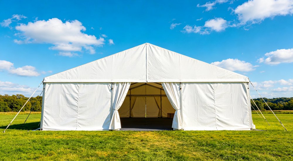 Humanitarian relief tent photographed at aid distribution camp providing reliable shelter with strong steel framework quality stitching and weather resistant fabric for disaster affected communities