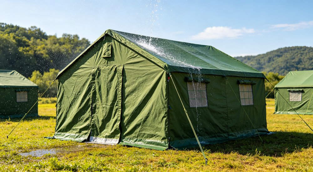 Professional emergency relief tent photographed in field deployment showing sturdy construction waterproof fabric and steel frame design suitable for disaster response and humanitarian aid operations