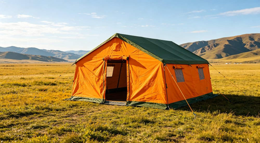 Professional emergency relief tent photographed in field deployment showing sturdy construction waterproof fabric and steel frame design suitable for disaster response and humanitarian aid operations