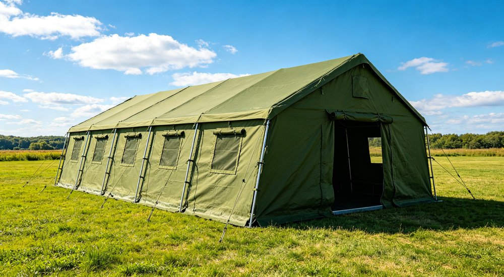 Large emergency shelter tent installed at disaster relief site providing weatherproof accommodation for affected populations with reinforced structure and quality materials visible