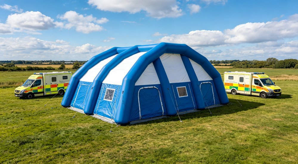 Wide aerial view of professional inflatable decontamination tent set up outdoors on grass field with blue sky and white clouds, emergency response vehicles Wide aerial view of professional inflatable decontamination tent set up outdoors on grass field with blue sky and white clouds, emergency response vehicles