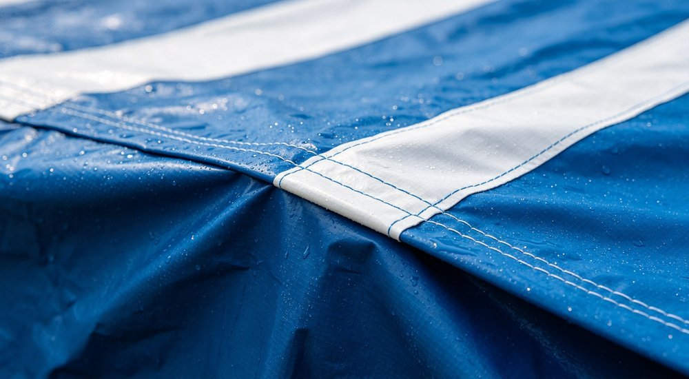 Close up of CBRN protective tent fabric material being stretched showing thick waterproof coated texture and reinforced seams, professional product photography