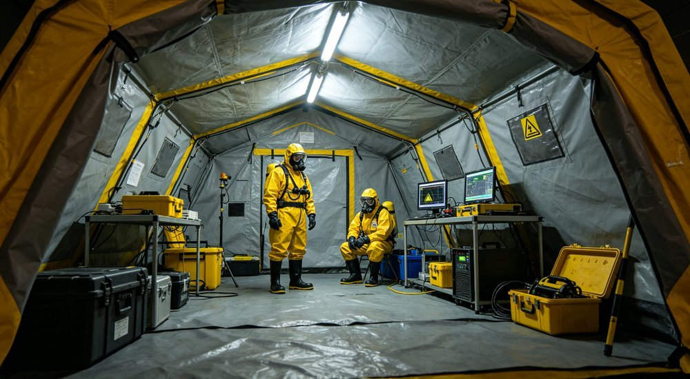 Wide angle shot of radiation decontamination tent at nuclear emergency exercise with workers in radiation protective gear and monitoring equipment in gray yellow scheme