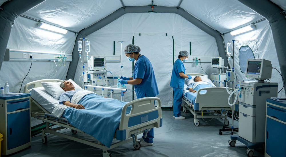 Interior of white and blue inflatable medical emergency tent with hospital beds, medical equipment and IV stands, healthcare workers in scrubs treating patients, bright sterile lighting, professional medical photography