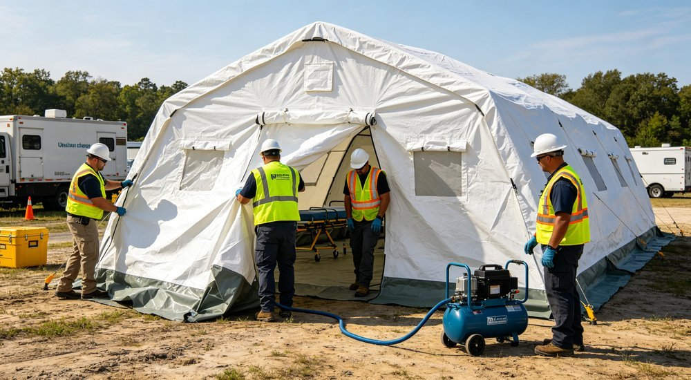 Action shot of medical team rapidly inflating white and blue emergency medical tent at field hospital site, electric air pump connected, workers in safety vests, disaster relief operation, professional action photography Action shot of medical team rapidly inflating white and blue emergency medical tent at field hospital site, electric air pump connected, workers in safety vests, disaster relief operation, professional action photography