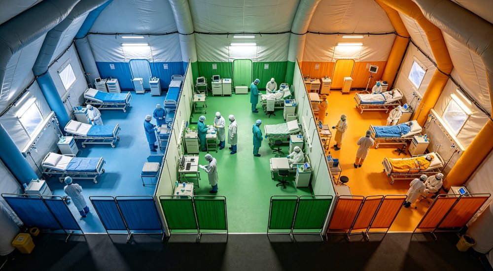 Three zone layout of white and blue medical inflatable tent showing clean area buffer zone and contaminated area, color coded sections with medical staff, aerial interior view, professional healthcare photography