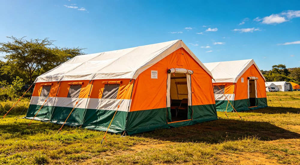 Humanitarian relief tent photographed at aid distribution camp providing reliable shelter with strong steel framework quality stitching and weather resistant fabric for disaster affected communities