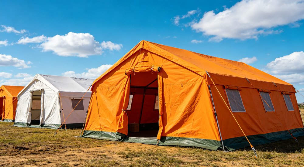 Heavy duty emergency frame tent displayed in operational setting demonstrating quick setup capability durable canvas exterior and spacious interior capacity for humanitarian relief missions