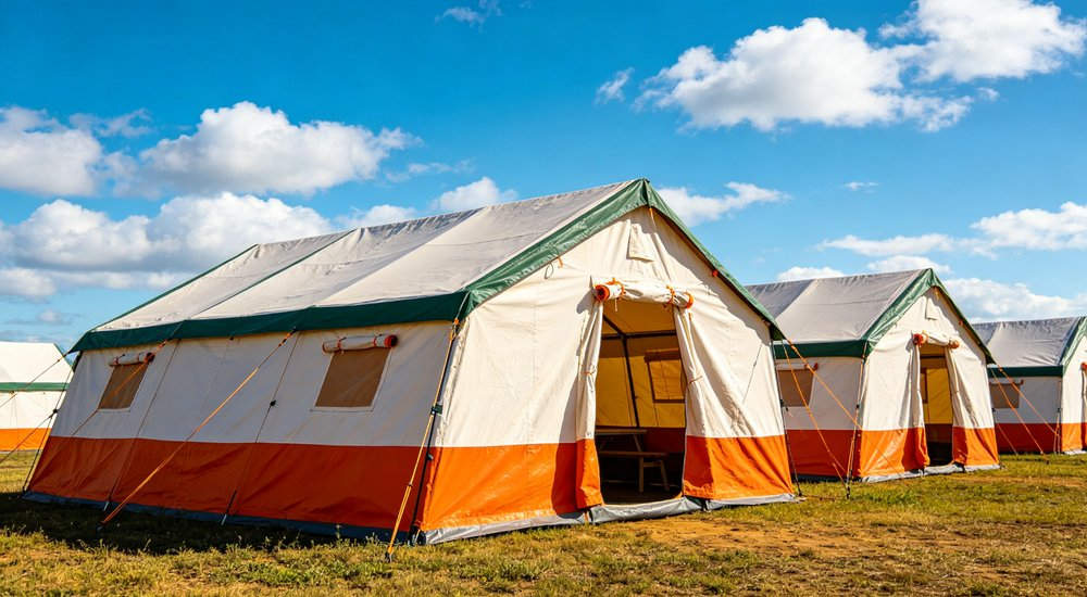 Professional emergency relief tent photographed in field deployment showing sturdy construction waterproof fabric and steel frame design suitable for disaster response and humanitarian aid operations
