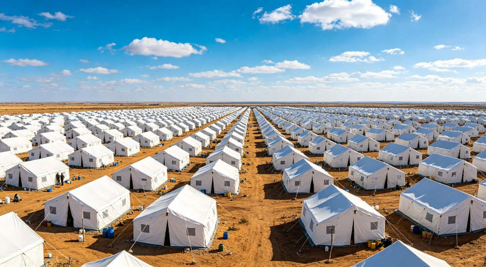 Humanitarian relief tent photographed at aid distribution camp providing reliable shelter with strong steel framework quality stitching and weather resistant fabric for disaster affected communities Humanitarian relief tent photographed at aid distribution camp providing reliable shelter with strong steel framework quality stitching and weather resistant fabric for disaster affected communities