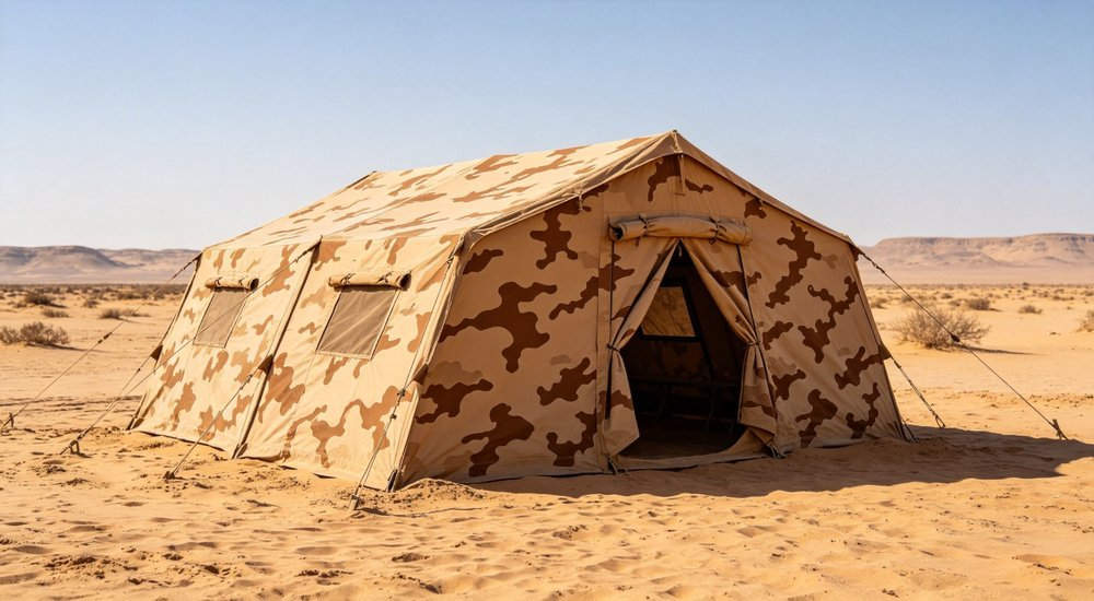 Desert camouflage military tent in sandy arid environment with tan brown camo pattern, clear blue sky, dry desert landscape, realistic outdoor photography