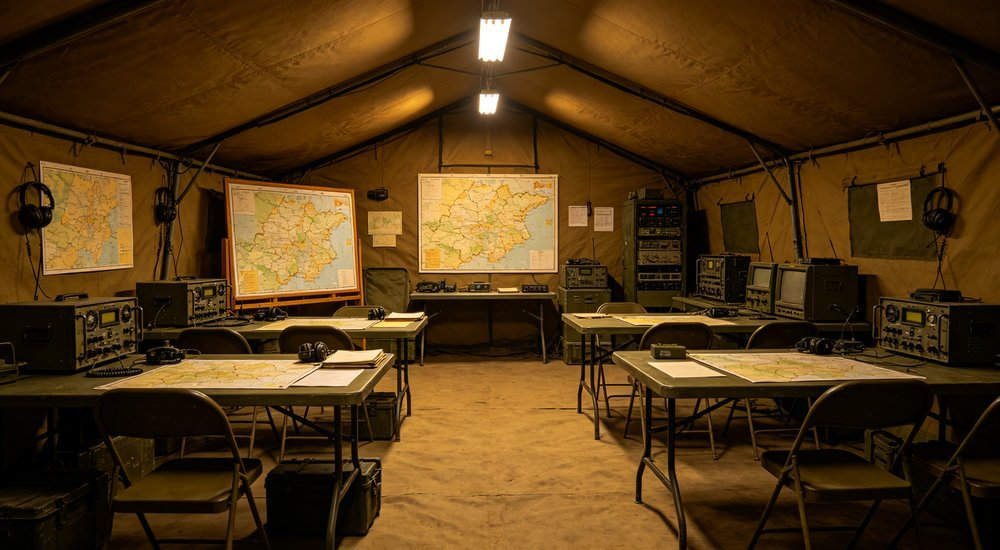 Interior of military command tent with tables, maps and communication equipment, briefing area with warm lighting, professional field operations photography