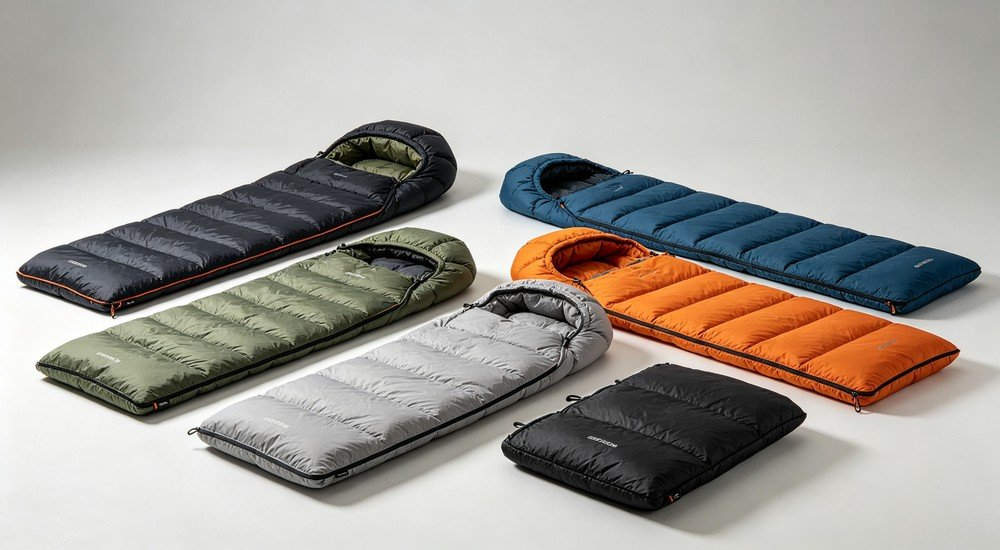 Green sleeping bag in lush rainy jungle during monsoon season, water droplets on fabric surface, demonstrating waterproof performance in high humidity tropical climate
