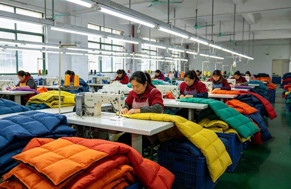 Wide angle view of China factory production line with Asian women workers sewing colorful envelope sleeping bags on industrial machines, textile manufacturing facility, organized production environment