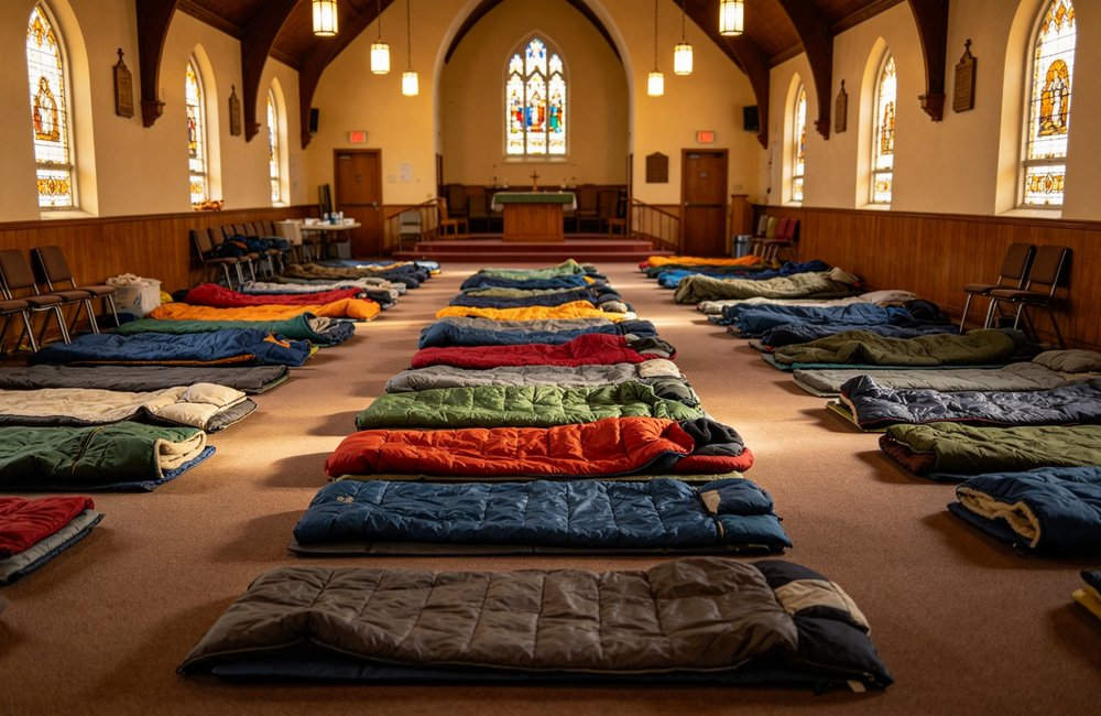 rows of multi‑color sleeping bags neatly arranged indoors for large‑scale temporary accommodation
