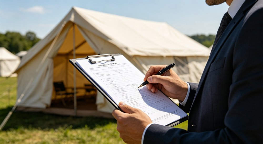 Procurement officer checking tent specification documents in office environment, decision making process for emergency shelter purchasing orders, professional business photography