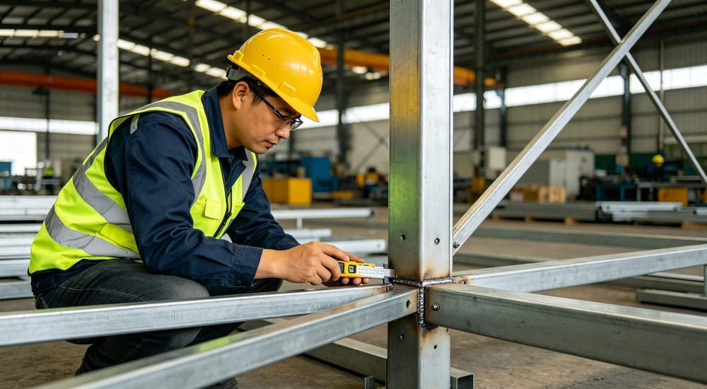 Quality control inspector testing tent structure strength in factory, professional quality assurance inspection of humanitarian relief shelter units, industrial photography