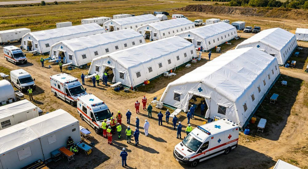 Field hospital with multiple medical tents in formation, emergency medical facility setup in disaster zone, professional aerial photography for humanitarian relief shelter procurement with professional quality standards