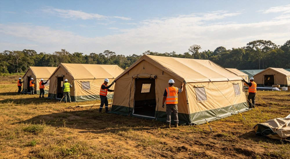 Humanitarian relief tent deployment scene with emergency shelter units in field, professional product photography, blue sky background, designed for emergency response and disaster relief