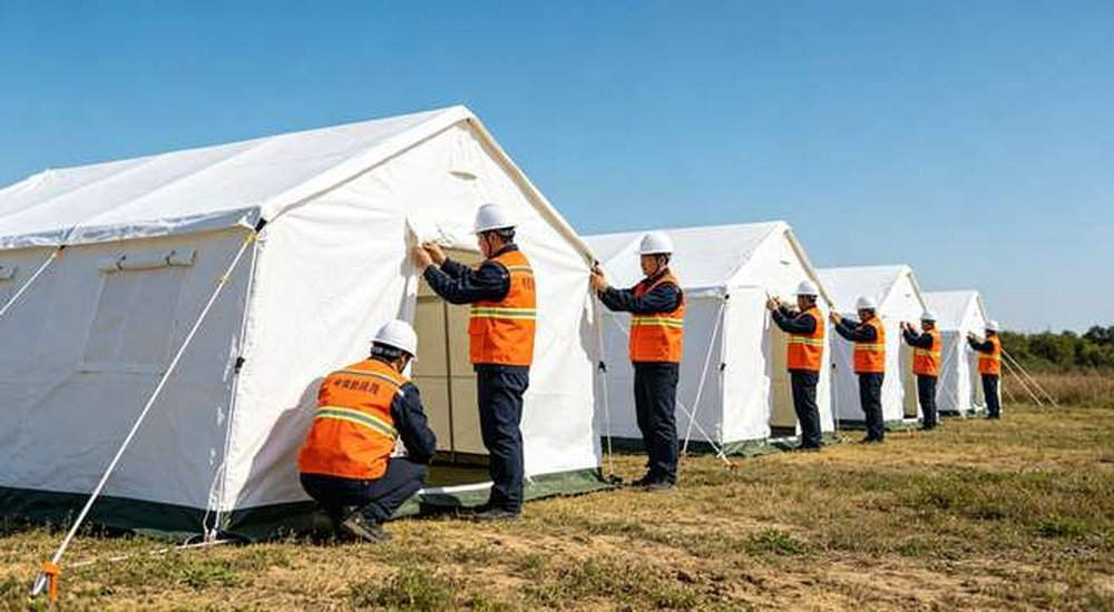 Asian Chinese humanitarian relief workers setting up white emergency tents in field with blue sky, custom OEM shelters, professional product photography