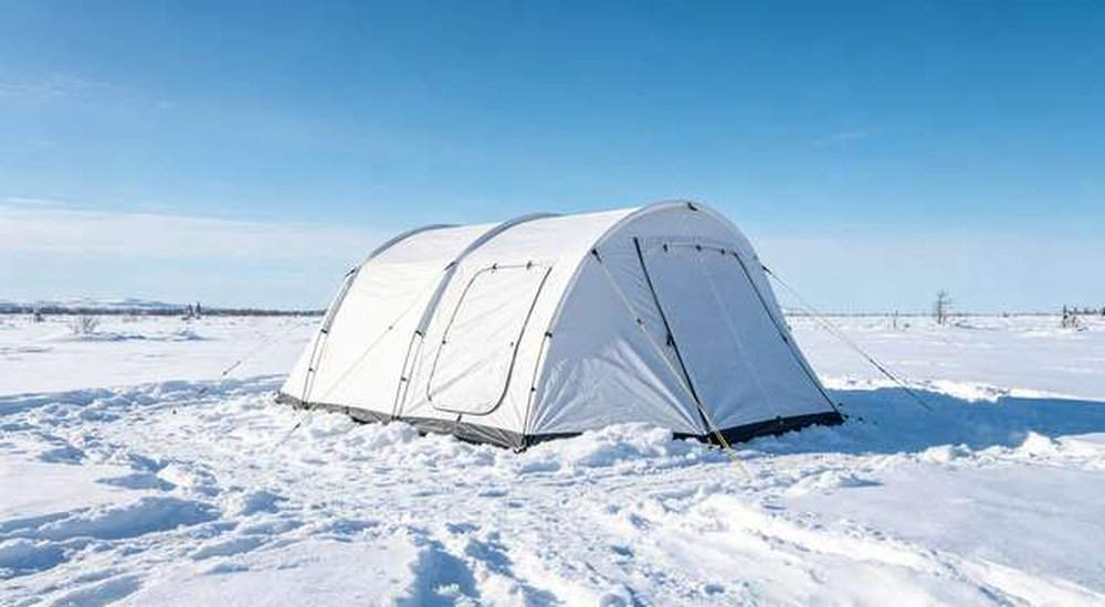 White emergency tent in snowy winter landscape with blue sky, custom OEM extreme climate shelters for cold weather, professional product photography