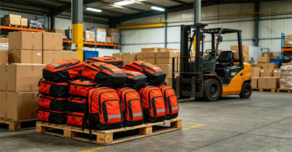 Warehouse scene stacks of red emergency backpacks on wooden pallets with cardboard boxes stacked and yellow forklift in industrial background