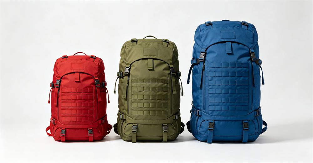 Three emergency backpacks side by side on white studio background showing size comparison small 40L red medium 70L olive green large 90L blue