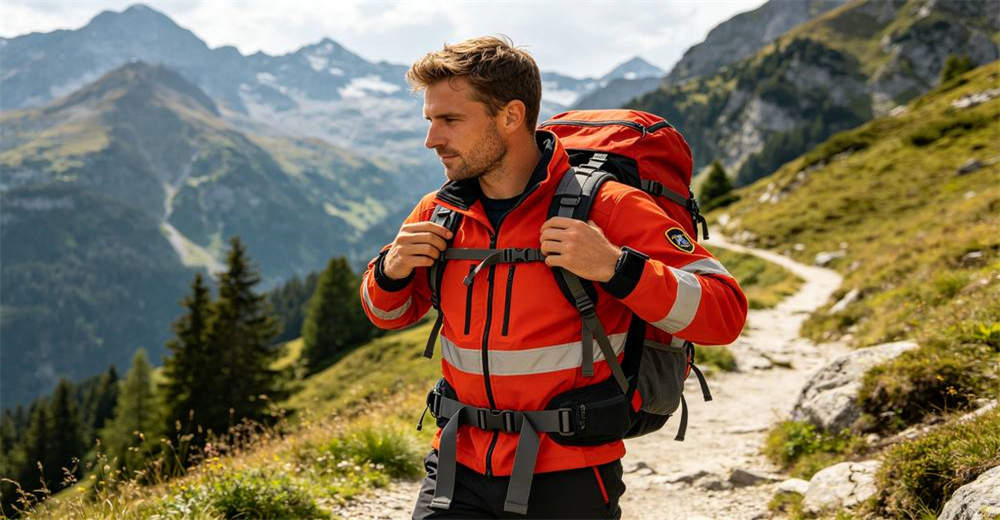 Caucasian rescue worker adjusting emergency backpack straps on mountain trail with alpine background and natural lighting