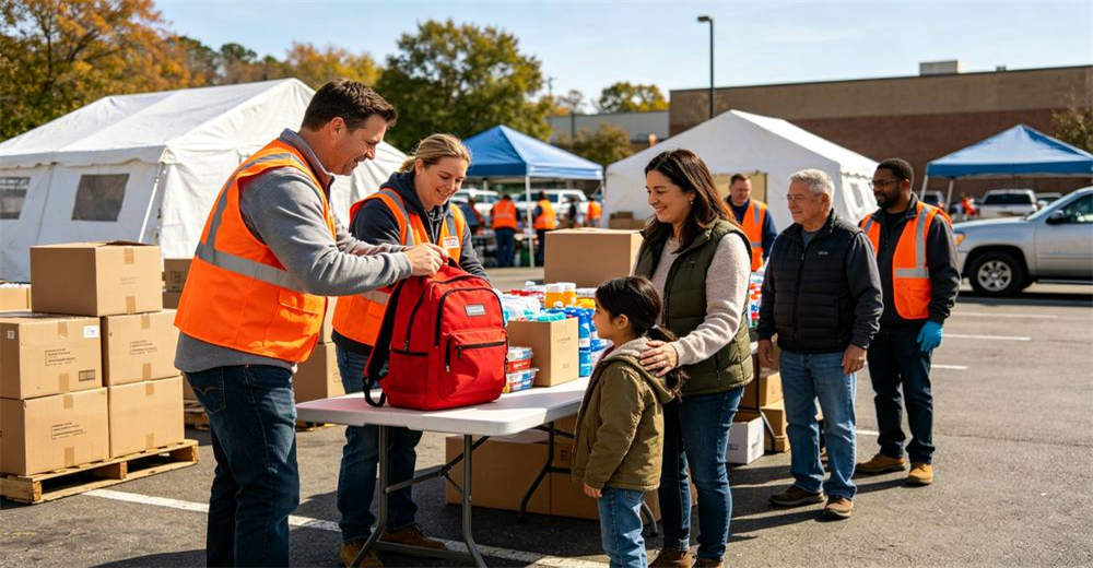 Community emergency distribution scene Caucasian volunteers handing red backpacks to families in parking lot with tents