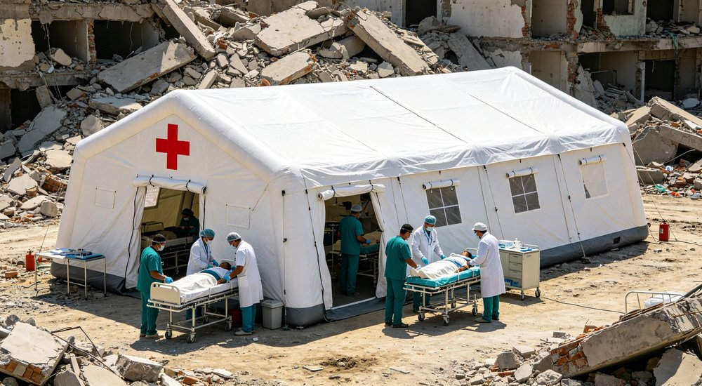 24 hour operation of inflatable medical tent at night with interior lighting, workers on duty red and white inflatable emergency shelter for disaster relief operations