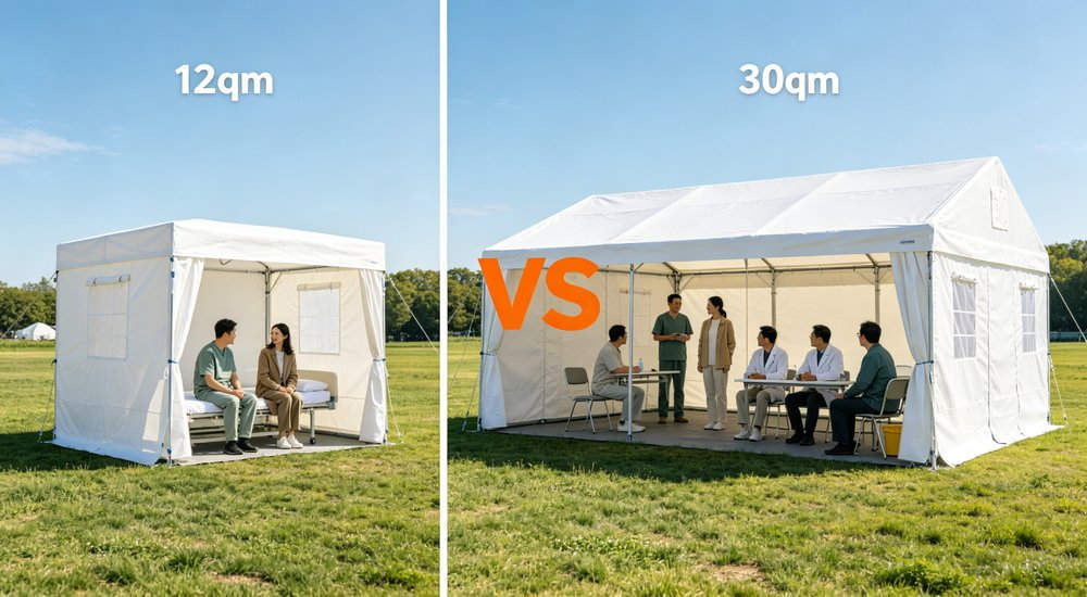 Size comparison of small medium large inflatable medical tents, three tents side by side red and white inflatable emergency shelter for disaster relief operations