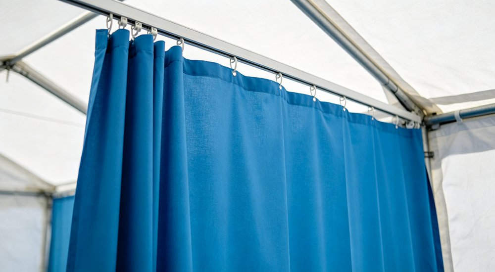 Privacy curtain inside inflatable medical tent separating patient areas, fabric partition red and white inflatable emergency shelter for disaster relief operations