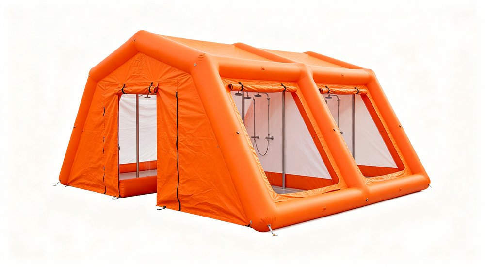 45 degree view of dual lane inflatable decontamination tent, red and white, product photography red and white inflatable emergency shelter for disaster relief operations