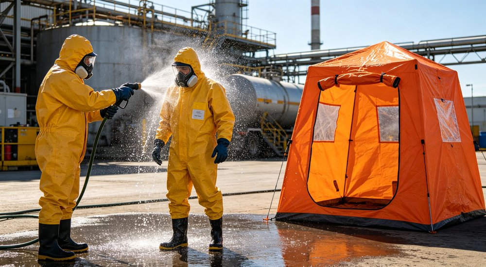 Industrial accident response with inflatable decon tent, workers in hazmat suits, factory site red and white inflatable emergency shelter for disaster relief operations